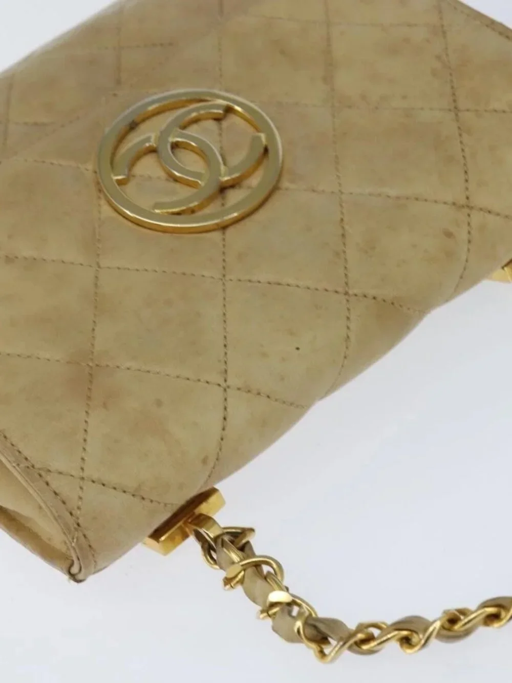 CHANEL Matelasse Chain Shoulder Bag Lamb Skin Beige Gold CC Auth 149120